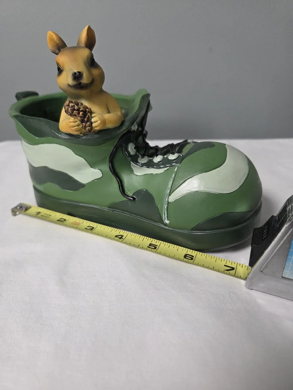 Vintage Ceramic Decorative Camouflage  Boot Planter With Chipmunk/ Squirrel